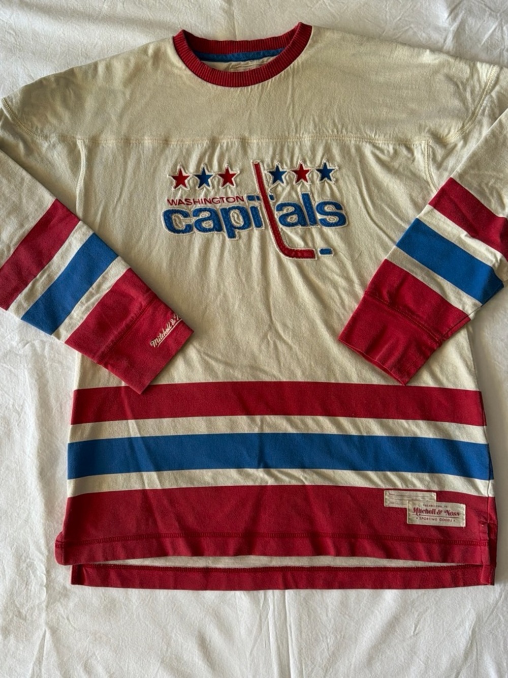 Mitchell & Ness Washington Capitals Cream Red & Blue Long-Sleeve Crew